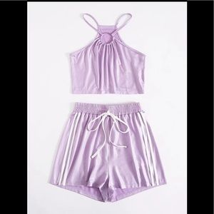 Rare Velvet Purple Metal Ring On Crop Top & Striped Short Outfit R Pajamas Set